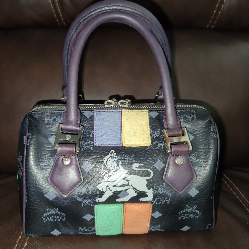 MCM Black Mini Satchel with Purple, Green, Orange, Yellow Accents